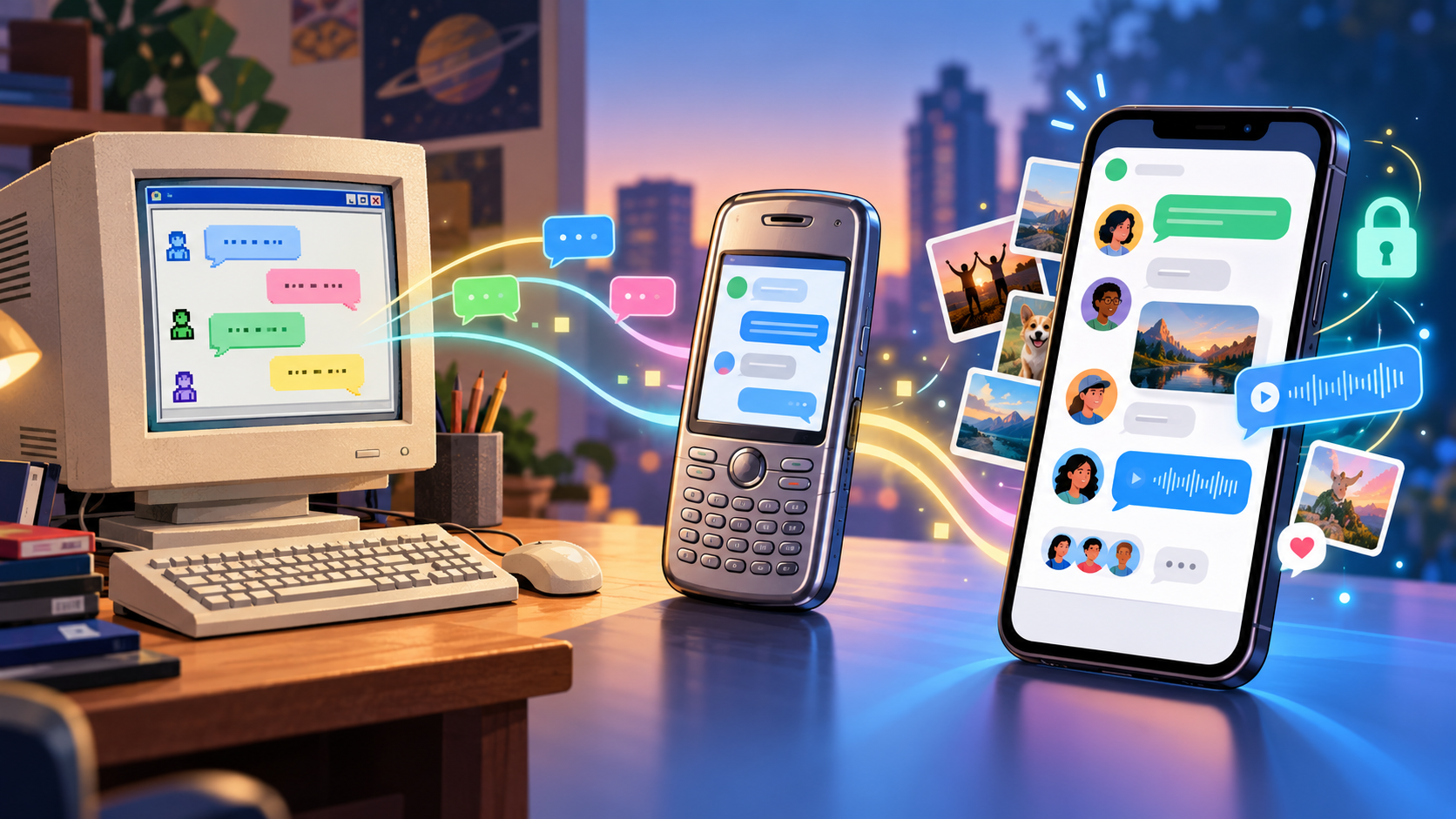 A evolução das mensagens instantâneas, de um chat em computador no fim dos anos 1990 a um celular com teclado e uma conversa moderna em grupo com fotos, áudios e um cadeado de privacidade.