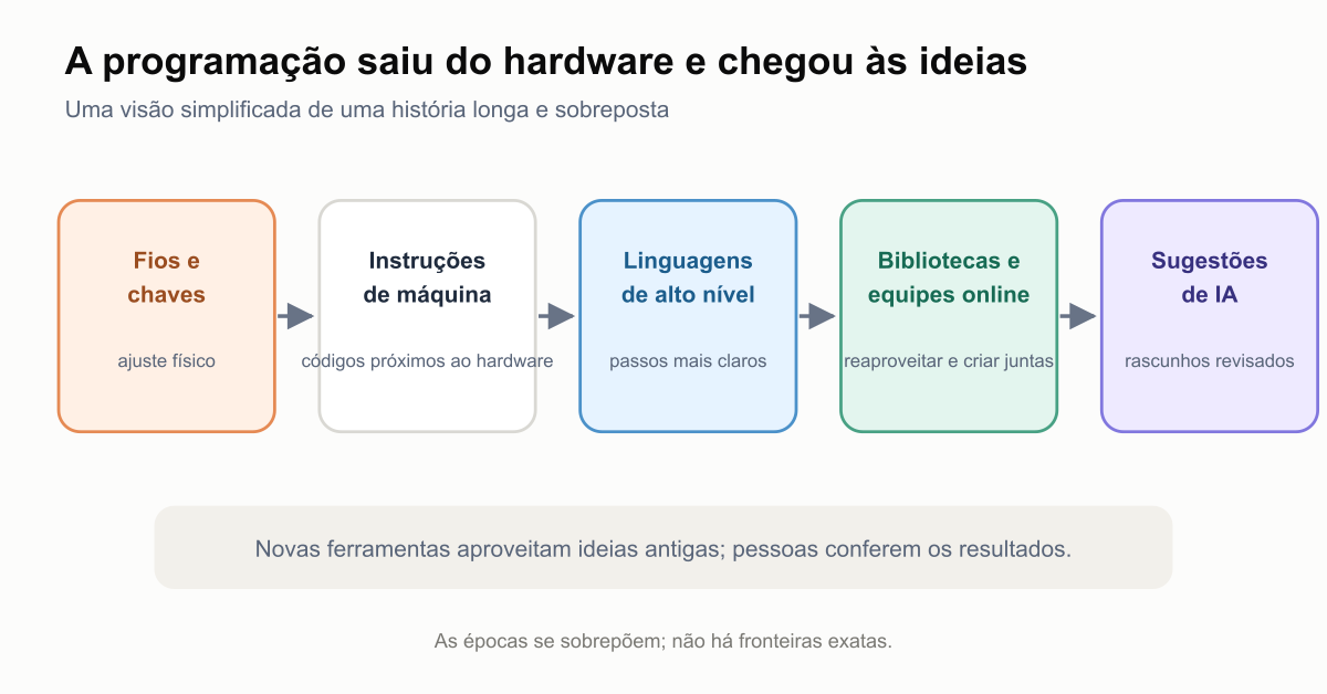 Uma evolução conceitual da programação: primeiro as pessoas ajustavam fios e chaves; depois escreviam instruções de baixo nível; mais tarde usaram linguagens de alto nível; e então criaram programas com bibliotecas compartilhadas, equipes online e sugestões de IA; as abordagens antigas ainda têm utilidade