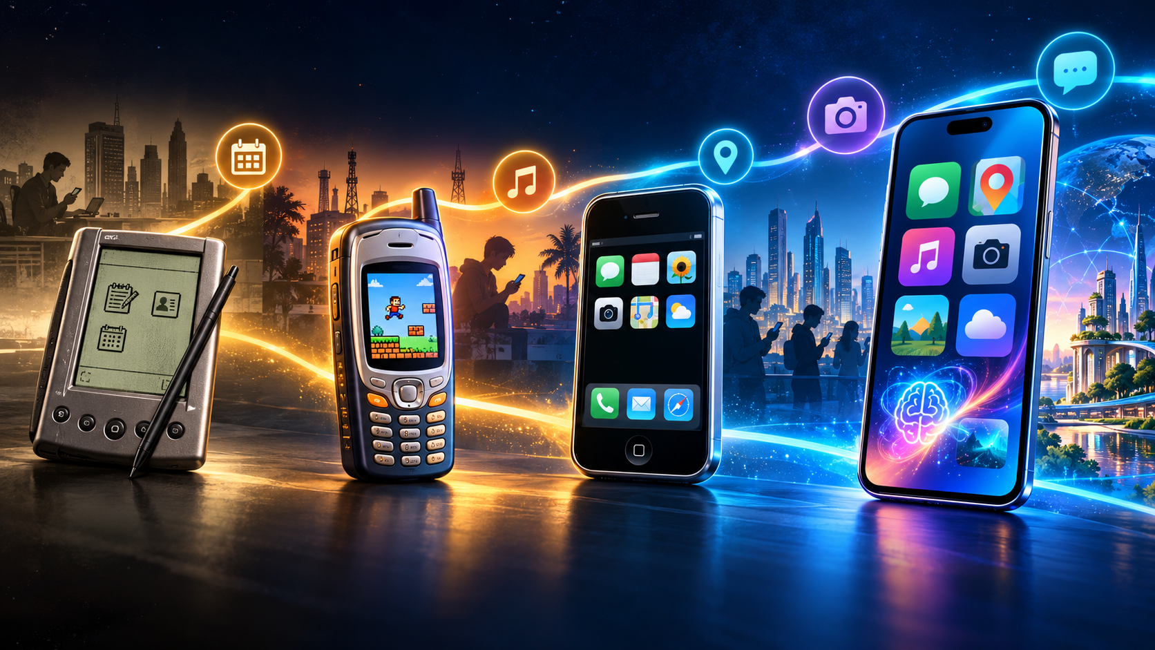 Linha do tempo do desenvolvimento de apps móveis, de um PDA dos anos 1990 a celulares comuns, lojas de aplicativos, apps modernos e IA no aparelho.