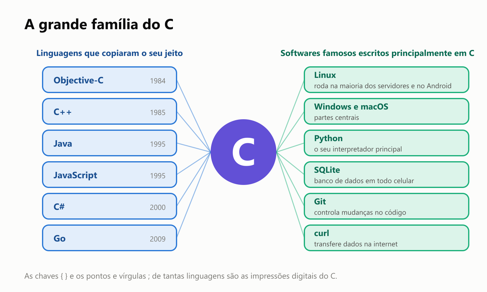 A grande família do C. Linguagens que copiaram o seu jeito: Objective-C (1984), C++ (1985), Java (1995), JavaScript (1995), C# (2000) e Go (2009). Softwares famosos escritos principalmente em C: o Linux, que roda na maioria dos servidores e no Android; partes centrais do Windows e do macOS; o interpretador principal do Python; o SQLite, banco de dados em todo celular; o Git, que controla mudanças no código; e o curl, que transfere dados na internet. As chaves e os pontos e vírgulas de tantas linguagens são as impressões digitais do C