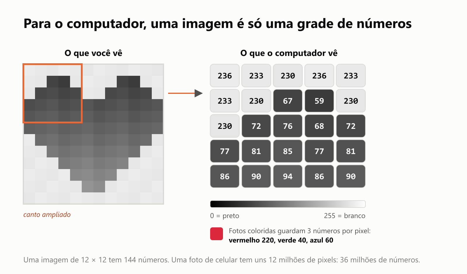 Uma pequena imagem de 12 por 12 pixels de um coração, em preto e branco, ao lado dos números que o computador realmente guarda para o canto superior esquerdo: valores por volta de 230 no fundo claro e de 60 a 90 no coração escuro. Uma escala mostra que 0 é preto e 255 é branco. Uma nota explica que fotos coloridas guardam 3 números por pixel, por exemplo vermelho 220, verde 40 e azul 60