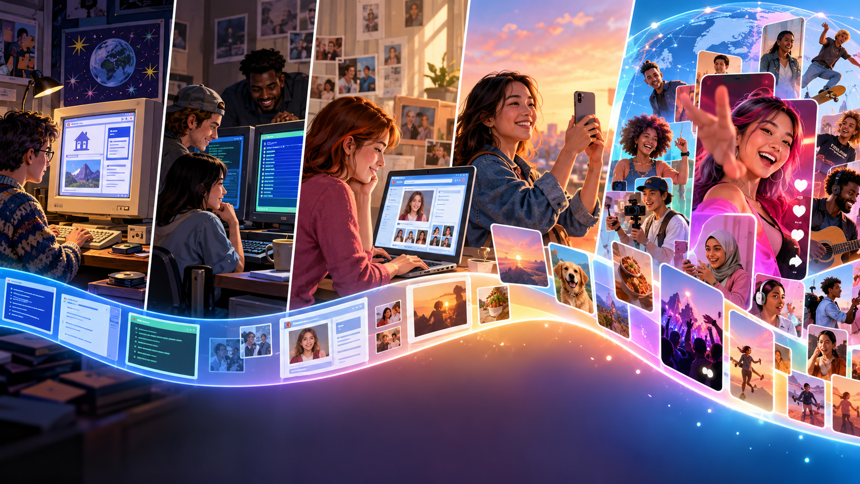 Uma jornada colorida pela história das redes sociais, das comunidades online e dos perfis em computadores aos criadores em celulares e às comunidades de vídeo conectadas.