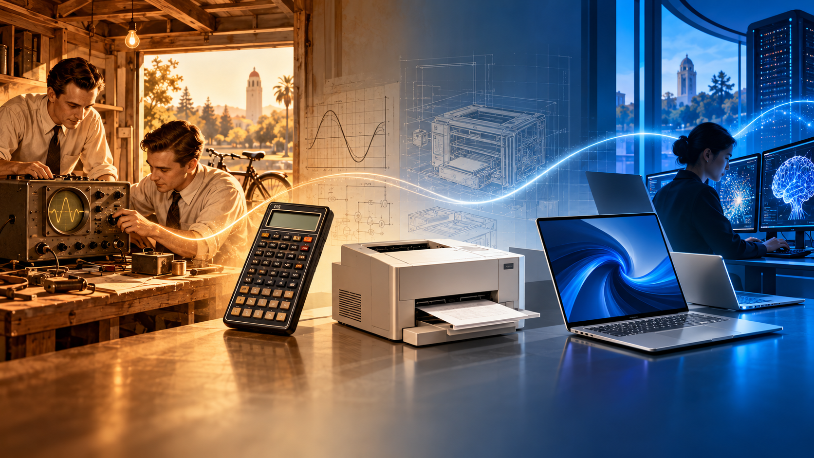 Capa ilustrando a história da HP: da oficina na garagem às calculadoras, impressoras e computadores modernos com IA.