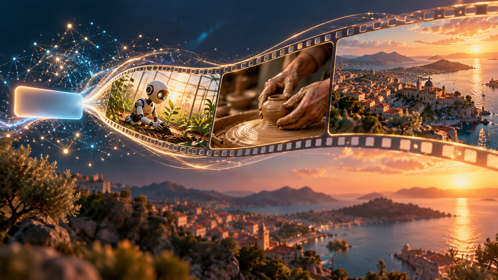 Uma tira de filme luminosa transforma um prompt criativo em um jardim com robô, um ateliê de cerâmica e uma cidade ao pôr do sol.