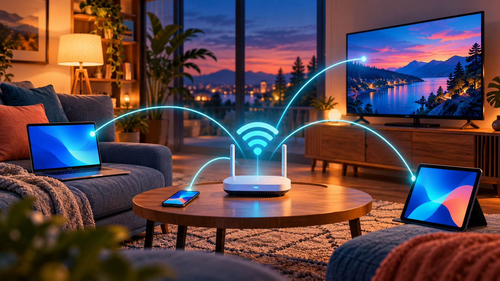 Um roteador Wi-Fi iluminado envia ondas azuis a um notebook, celular, tablet e televisão em uma sala aconchegante ao pôr do sol.