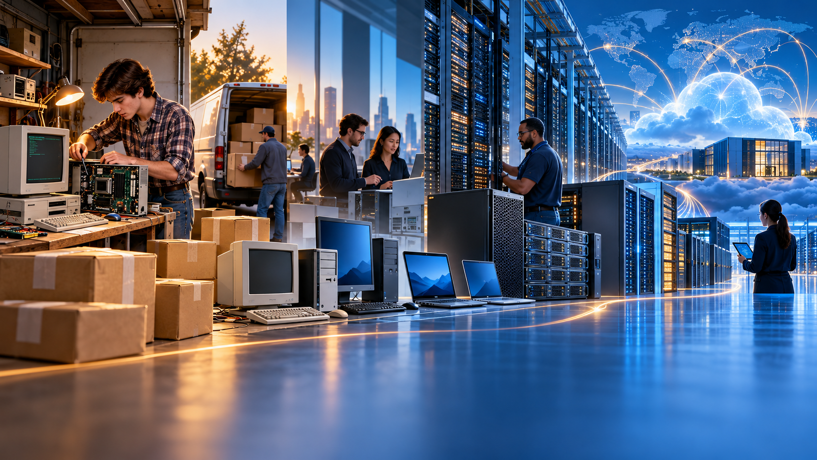 Capa ilustrando a trajetória da Dell, de uma startup de PCs a uma infraestrutura moderna de data center.