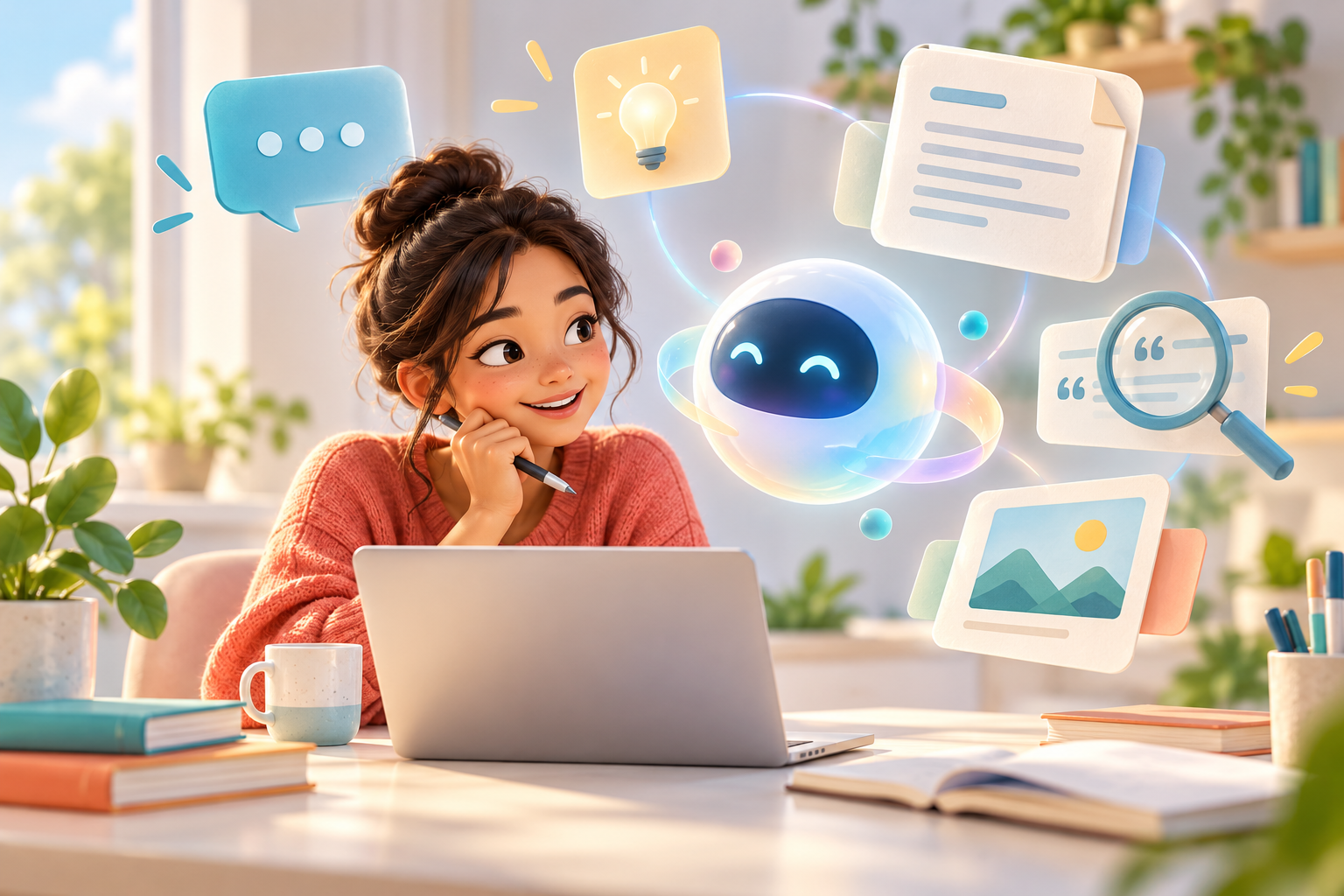 Capa: uma pessoa curiosa usa um assistente de IA para escrever, pesquisar na web, analisar um documento e criar uma imagem, depois confere a resposta.