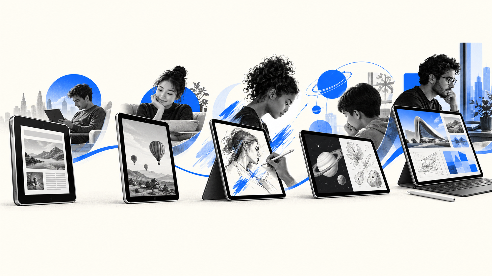 Capa mostrando a evolução do iPad: de um tablet inicial a uma ferramenta moderna de criação e trabalho.