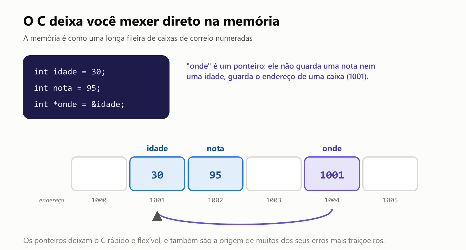 O C deixa você mexer direto na memória. A memória é como uma longa fileira de caixas de correio numeradas. O código int idade = 30, int nota = 95 e int ponteiro onde = endereço de idade guarda 30 na caixa 1001, chamada idade, 95 na caixa 1002, chamada nota, e 1001 na caixa 1004, chamada onde. Uma seta mostra que onde aponta de volta para idade. "onde" é um ponteiro: ele não guarda uma nota nem uma idade, guarda o endereço de uma caixa