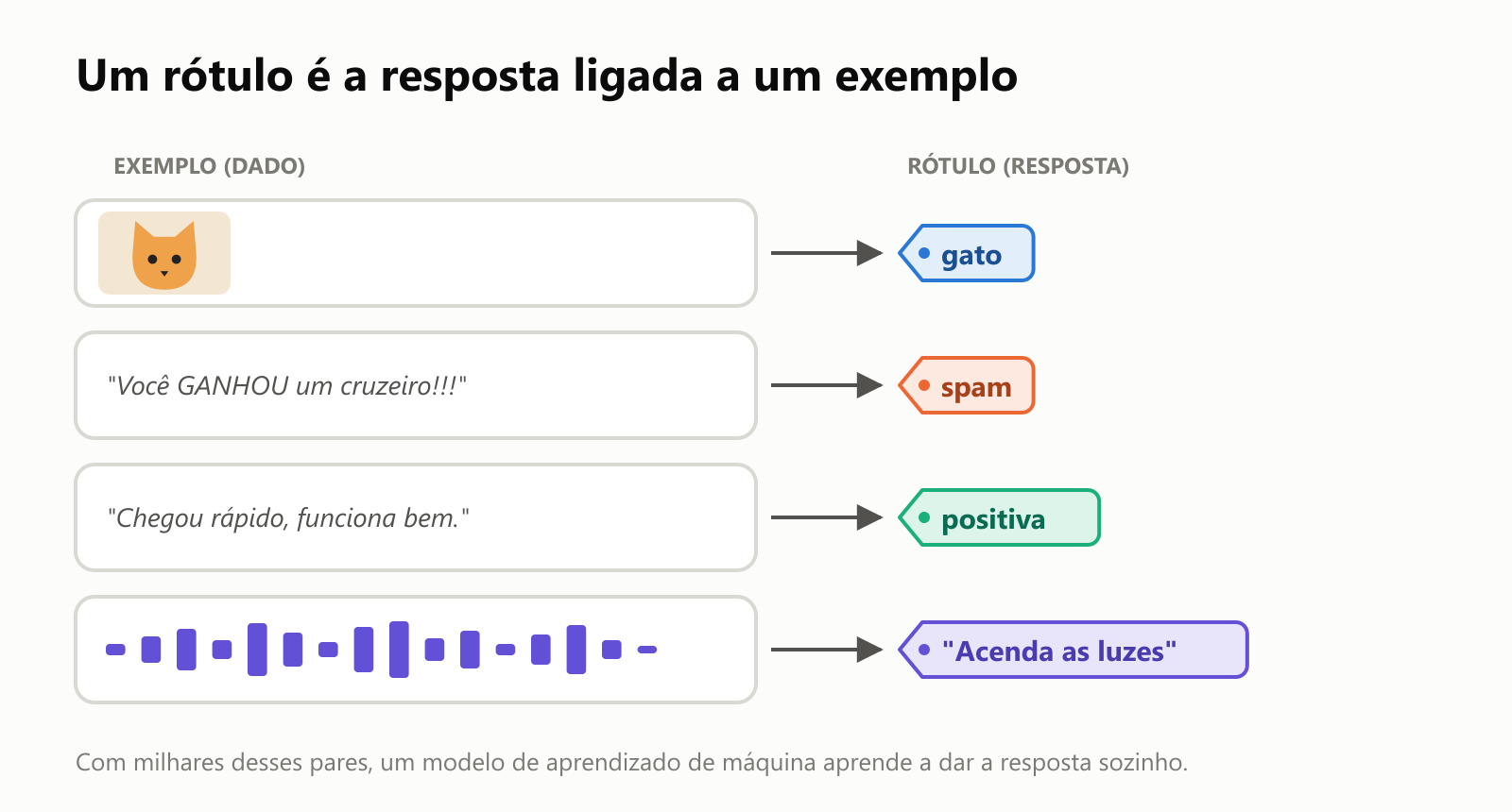Um rótulo é a resposta ligada a um exemplo. A foto de um gato tem o rótulo "gato". O e-mail "Você GANHOU um cruzeiro!!!" tem o rótulo "spam". A avaliação "Chegou rápido, funciona bem." tem o rótulo "positiva". Uma gravação de alguém falando tem como rótulo as palavras "Acenda as luzes"