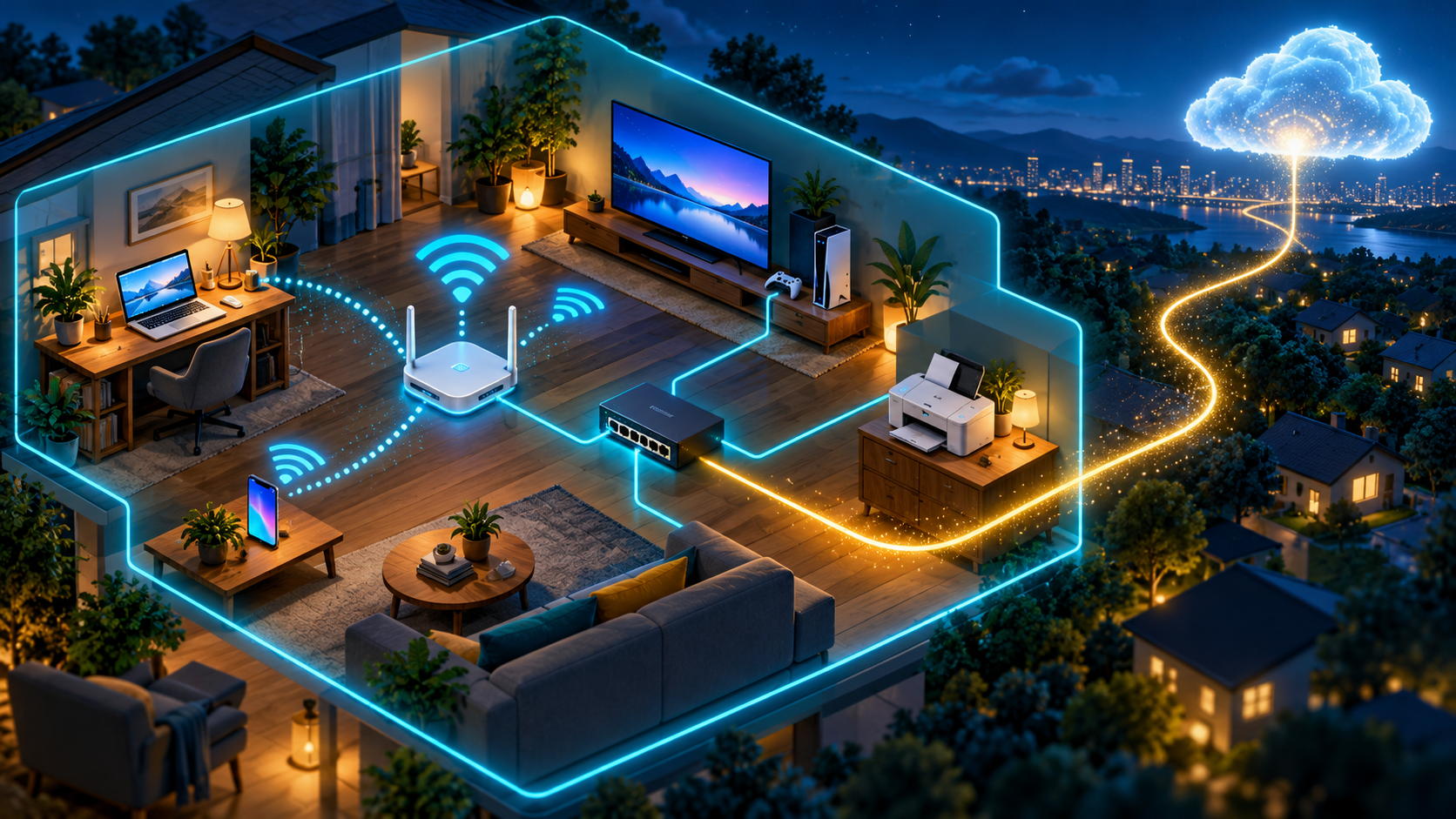 Uma casa aconchegante conecta notebooks, celulares, TV, impressora e console a um roteador, switch e à internet.