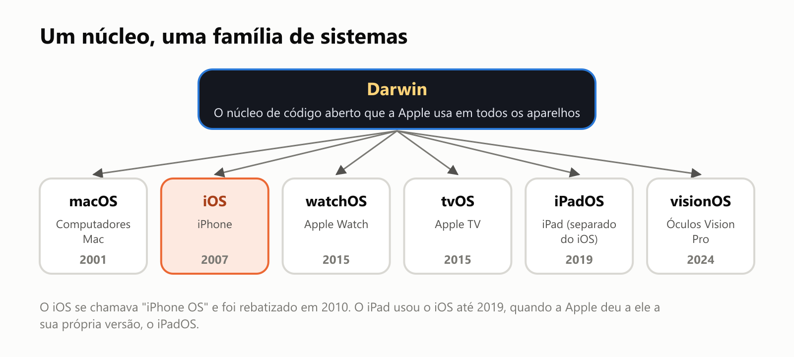 Um núcleo, uma família de sistemas. No topo fica o Darwin, o núcleo de código aberto que a Apple usa em todos os aparelhos. Dele nascem o macOS, para computadores Mac, de 2001; o iOS, para o iPhone, de 2007; o watchOS, para o Apple Watch, de 2015; o tvOS, para a Apple TV, de 2015; o iPadOS, para o iPad, separado do iOS, de 2019; e o visionOS, para os óculos Vision Pro, de 2024. O iOS se chamava iPhone OS e foi rebatizado em 2010. O iPad usou o iOS até 2019, quando a Apple deu a ele a sua própria versão, o iPadOS