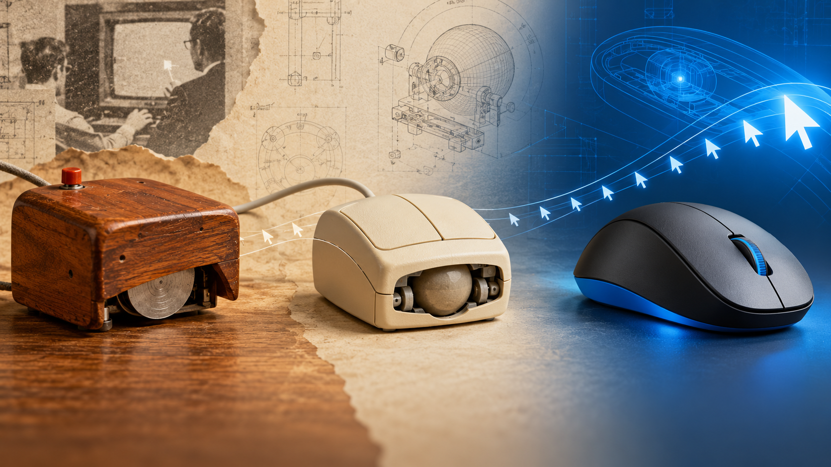 Capa mostrando a evolução do mouse: do protótipo de madeira aos modelos mecânico e óptico moderno.